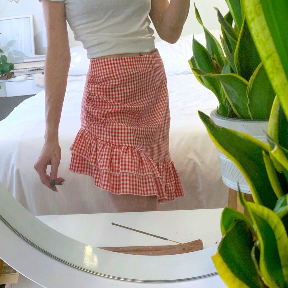 CIDER gingham print rouched side ruffle-flounce skirt